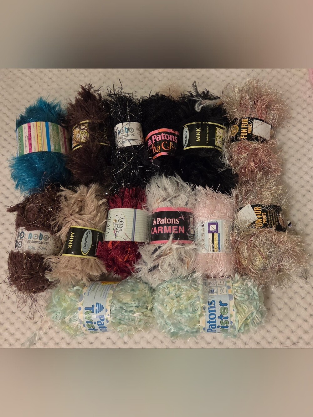 Assorted Patons and Mixed Brand Eyelash & Novelty Yarn Bundle - Multicolor 14 Sk